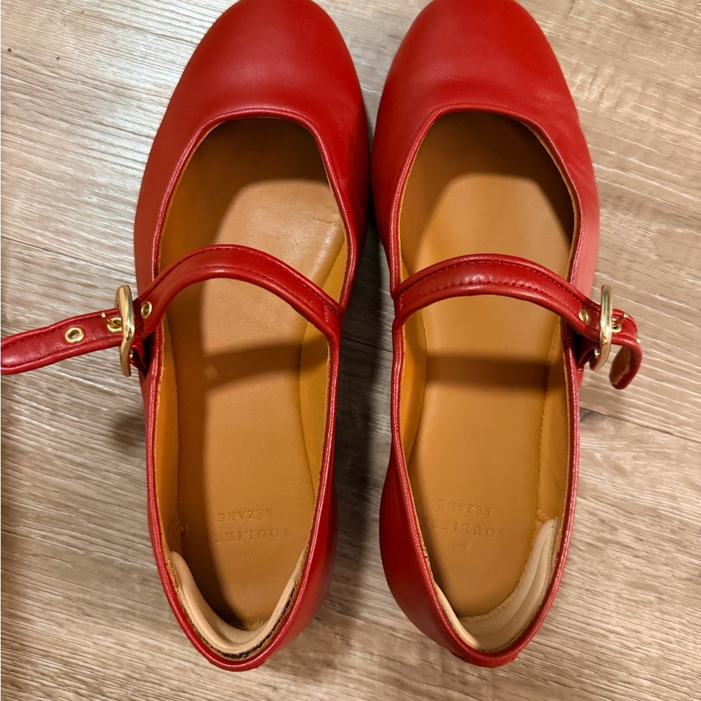 Sezane Red Leather Mary Jane Flats